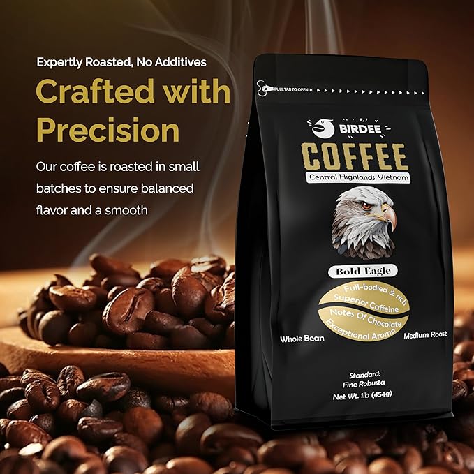 Birdee Robusta Coffee Beans ??16 oz, Medium Roast, Whole Bean, 100% Robusta, Low Acid, High Caffeine, Single Origin, Fine Robusta Standard, Hand Picked from Vietnam