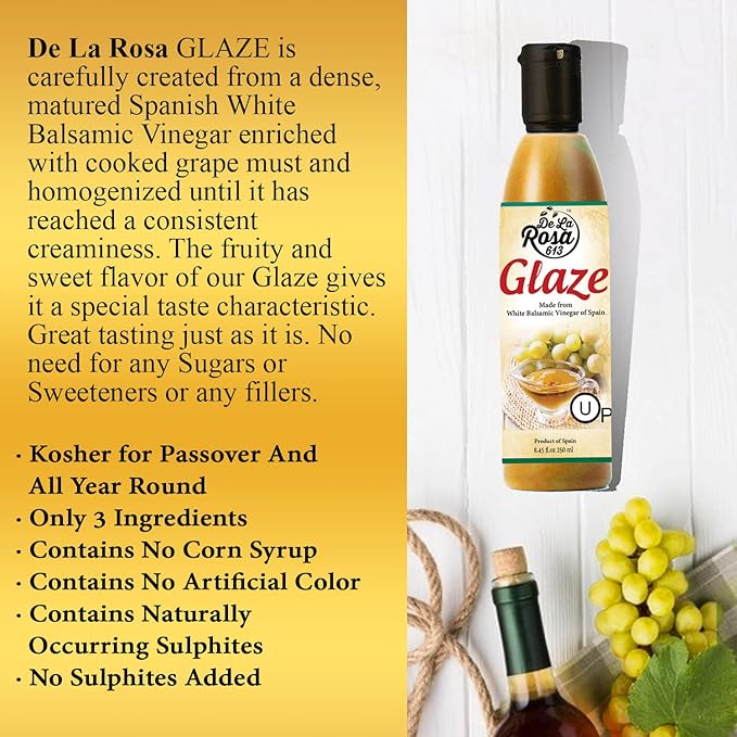 De La Rosa White Balsamic Glaze, Kosher for Passover, Vegan, Non-GMO & Gluten Free, Great for Salad Dressing, Marinades, Toppings & More, Balsamic Vinegar Glaze, 8.45 Oz (Pack of 1)