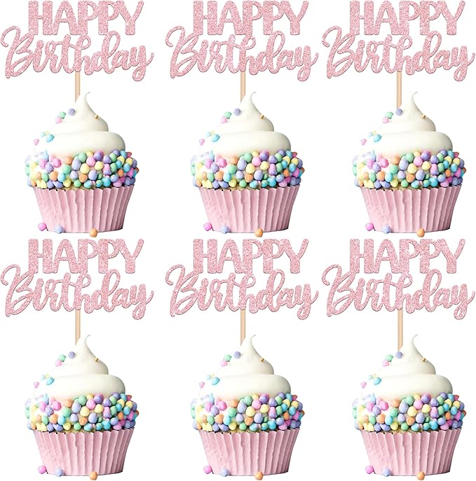 30 PCS Happy Birthday Cupcake Toppers Glitter Happy Birthday Cupcake Picks for Celebrating Anniversary Theme Party Cake Decorations Supplies Light Pink