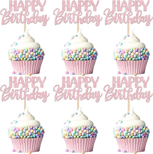 30 PCS Happy Birthday Cupcake Toppers Glitter Happy Birthday Cupcake Picks for Celebrating Anniversary Theme Party Cake Decorations Supplies Light Pink
