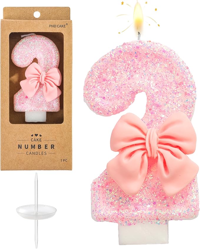 PHD CAKE Number 2 Pink Bowknot Birthday Candles, Cute Themed Number Candles, Party Celebration