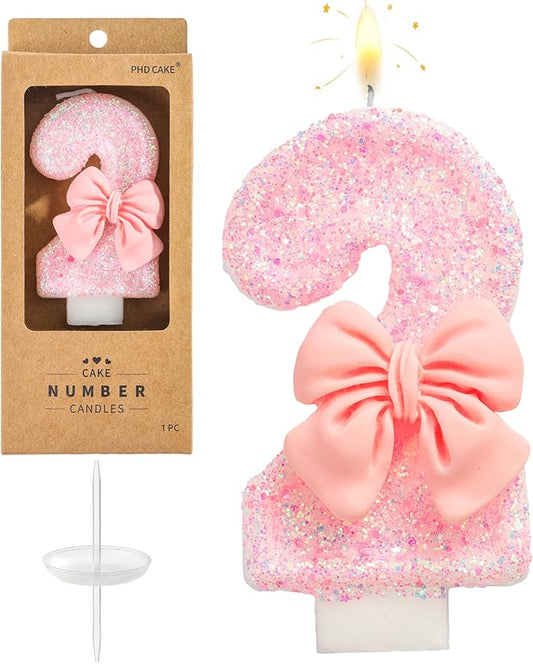 PHD CAKE Number 2 Pink Bowknot Birthday Candles, Cute Themed Number Candles, Party Celebration