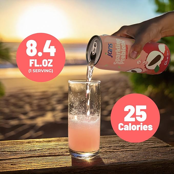 Jans Sparkling Prebiotic with Collagen Soda Beverage ??Lychee 8.4 Fl Oz (6-Pack) ??Low Calorie, NO Added Sugar, Non-GMO Sparkling Fruit Beverage, Gut Health Support
