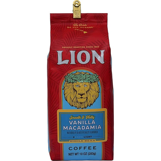 Lion Coffee, Arabica Coffee Beans, Light Roast Whole Bean Coffee, Vanilla Macadamia Flavor, A Taste of Aloha, 10 Ounce Bag