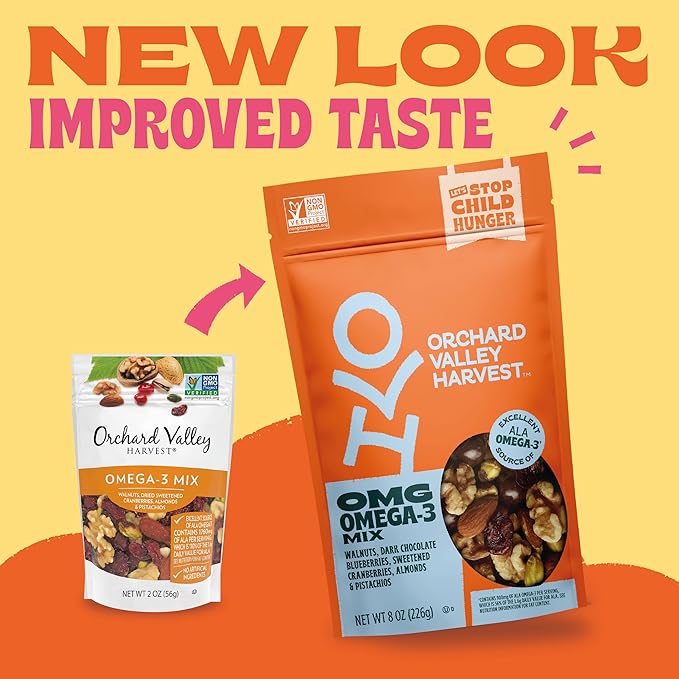 Orchard Valley Harvest OMG Omega-3 Mix, 14 pack (2 oz), Walnuts, Dark Chocolate Blueberries, Sweetened Cranberries, Almonds, And Pistachios, Gluten Free, Stand Up Bag, Non-GMO, Healthy Snacks for Adults