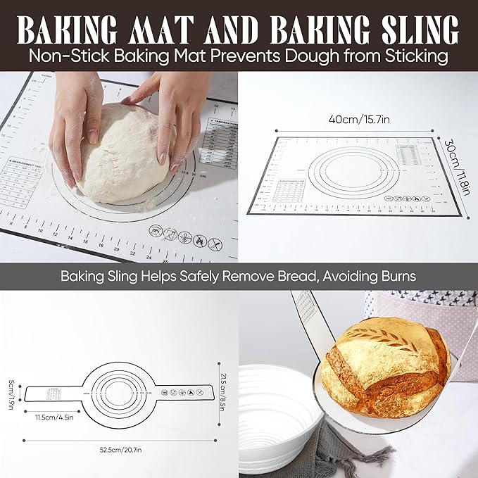 Sourdough Starter Kit with Jar ??Complete Sourdough Bread Baking Supplies for Beginners, Includes 2 Silicone Proofing Baskets Baking Mat Sour Dough Kit - Gray