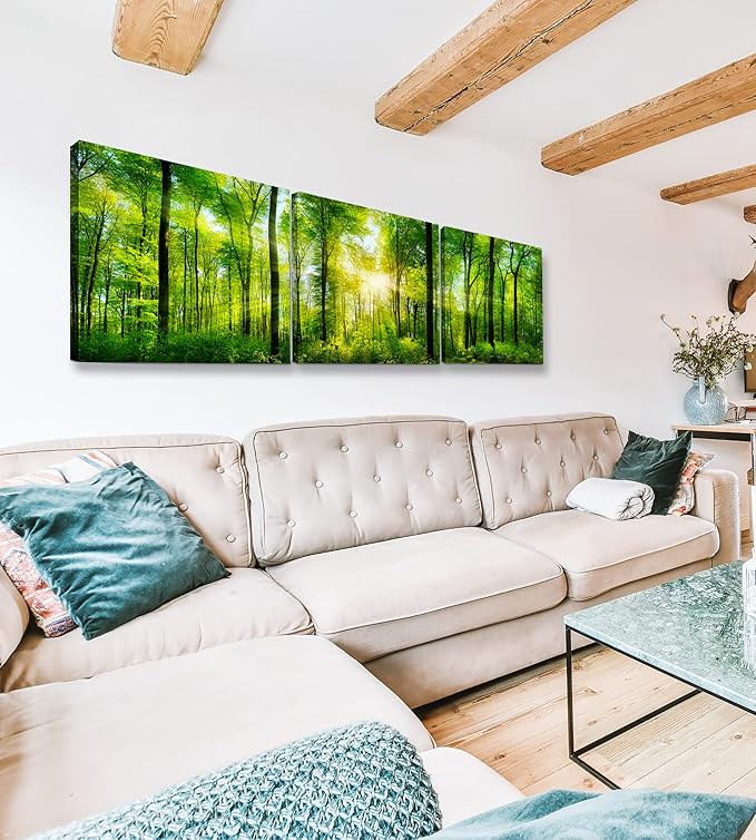 Forest Wall Art Decor - Large Canvas Art 24x72 - 3 Panel Green Nature Print - Forest Picture of Trees Wall Art - Landscape Nature Canvas Wall Art for Living Room, Bedroom & Office