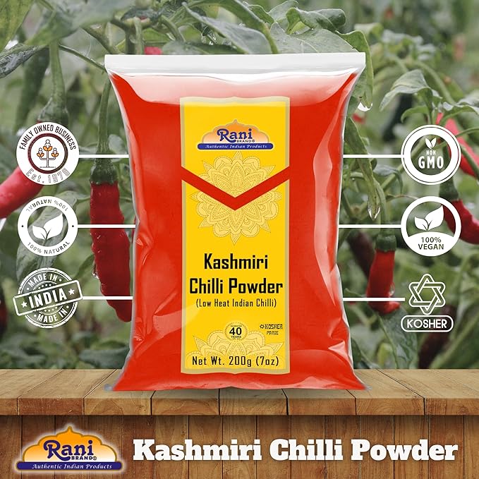 Rani Kashmiri Chilli Powder (Deggi Mirch, Low Heat) Ground Indian Spice 7oz (200g) ~ All Natural, Salt-Free | Vegan | No Colors | Gluten Friendly | NON-GMO | Kosher | Indian Origin