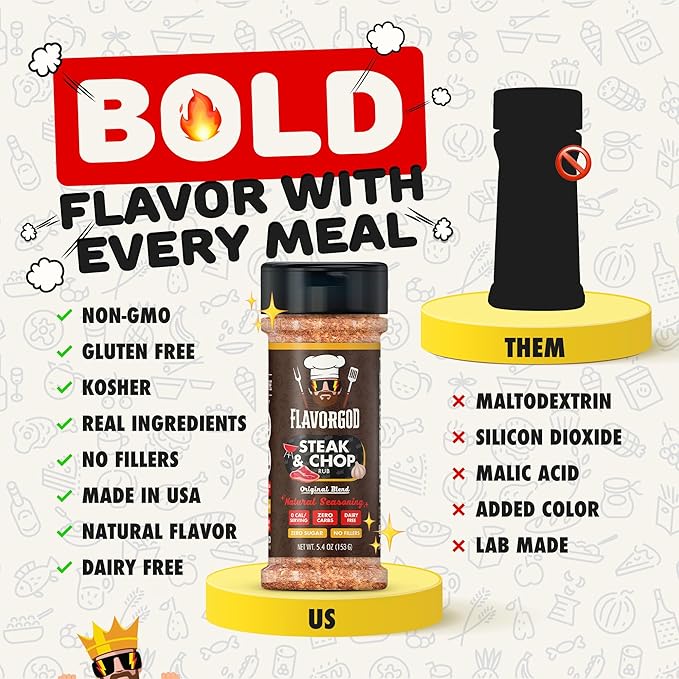 Steak & Chop Rub Seasoning Mix by Flavor God - Premium All Natural & Healthy Spice Blend for Beef, Pork & Vegetables - Kosher, Zero Carbs, Gluten-Free, Vegan & Keto Friendly - Great Flavor Spices and Seasoning Gift