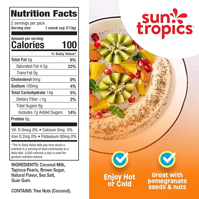 Sun Tropics Tapioca Pudding, Brown Sugar | Vegan Pudding, Dairy Free Pudding | Gluten Free, Low Sugar, Non-GMO | Ready-to-Eat Pudding Cups 4oz (Pack of 12 cups)