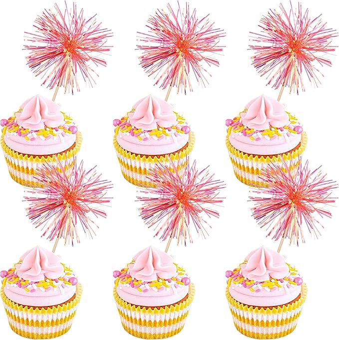30 PCS Foil Firework Cupcake Toppers Happy Birthday Cupcake Toppers Sparkle Tinsel Flower Drink Stirrers Cocktail Fruit Toothpicks for Valentine's Day Baby Shower Party Cake Decor Supplies Orange