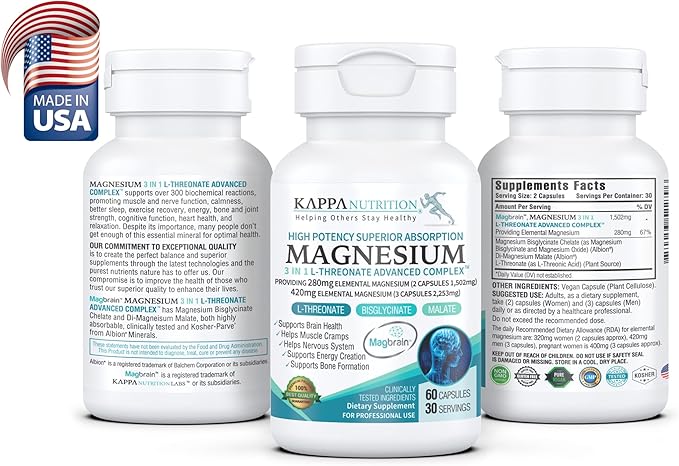 Kappa Nutrition Magbrain??Magnesium L-Threonate Plant-Based, 420mg Elemental Magnesium (3 Capsules) from 2,253mg, 60 Vegan Capsules, Brain, Sleep & Muscle Support.