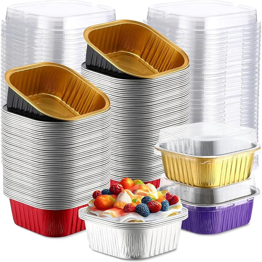 Aoriher 300 Pieces 10 oz Mini Cake Pans with Lids, Aluminum Foil Baking Cups, Square Disposable Cupcake Cups Baking Tins for Wedding Birthday Party Supplies(Multicolor)