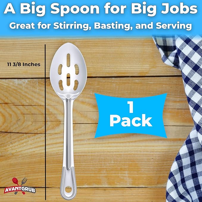 Super Strong, Ergonomic 11 in Serving Spoon 1 Pk. Big, Slotted Stainless Steel Spoons for Cooking, Baking and Basting. Best Kitchen Flatware for Buffet and Banquet Service in Restaurants and Homes