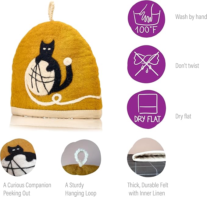 Tea Cozy for Teapot Large - Keep Your Brew Warm and Stylish with This Felted Tea Cosy, Enhancing Flavor and Aesthetics - Fits 6-Cup Teapot & 34oz French Press (Black cat, ocher)