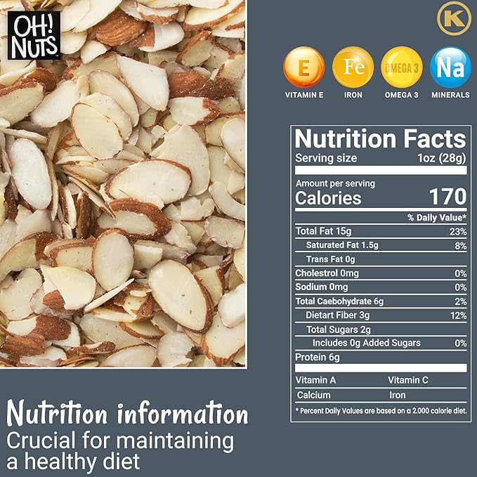 Oh! Nuts Raw Natural Sliced Almonds - 100% Natural - Sliced Almonds - 1.5 lb - Almonds Raw - Packed in New York Zip-Seal Bag for Exceptional Freshness