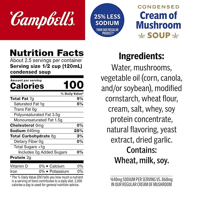Campbell's Condensed 25% Less Sodium Cream of Mushroom Soup, 10.5 oz Can (Pack of 4)