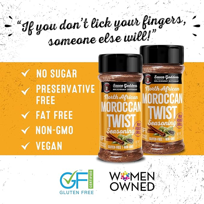 Sauce Goddess Moroccan Twist Spice Shaker (2-Pack) - Exotic Blend of Cardamom, Cinnamon, and More. Spices and Seasonings, No Sugar, Gluten-Free, Low in Sodium, Vegan-Friendly BBQ Rub