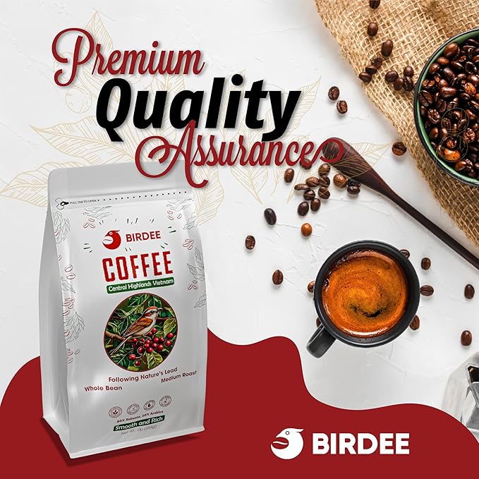 Birdee Vietnamese Coffee ??1 LB, Medium Roast Whole Bean, Arabica and Robusta, Hand-Picked, Resealable Bag, Smooth Flavor, Low Acid, High Caffeine, Single-Origin