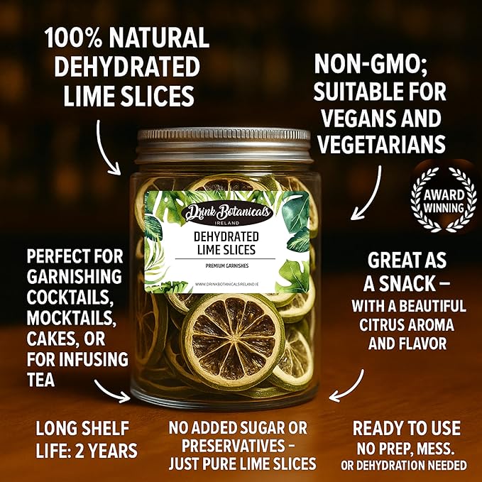Dehydrated Dried Lime Slices Wheels | 50 + Servings Approx. | 100% Natural No Added Sugars | Cocktails, Wreath Making, Tea, Cakes, Garnish Decoration | Limes For Cocktails | PET Jar |4.9 OZ, 140 Grams