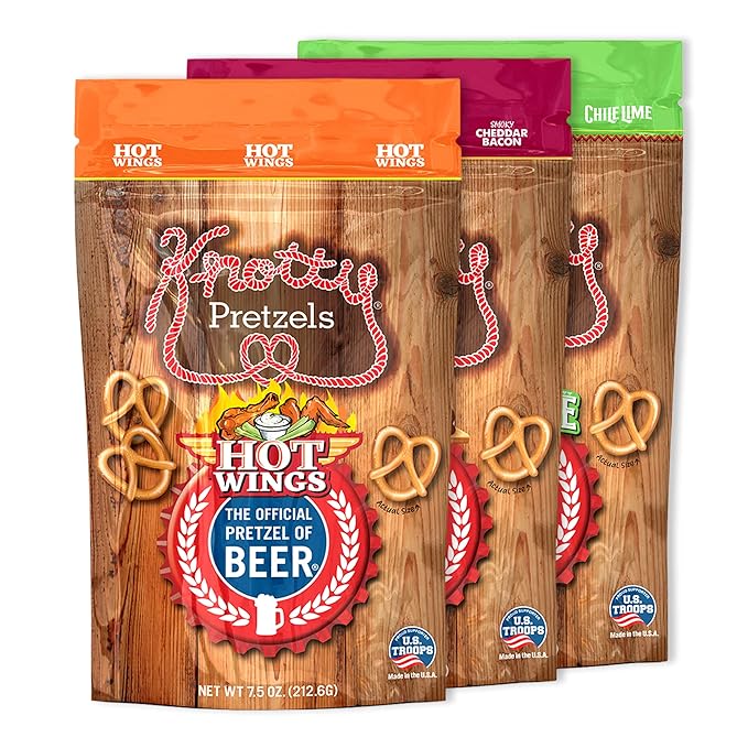 Knotty Pretzels ???쏷he Official Pretzel of Beer??7.5 Ounce Pretzel in Resealable Snacks Bags, Flavored Pretzels, Hot Wings, Smokey Cheddar Bacon, Chile Lime - Bold Variety (3 Pack)