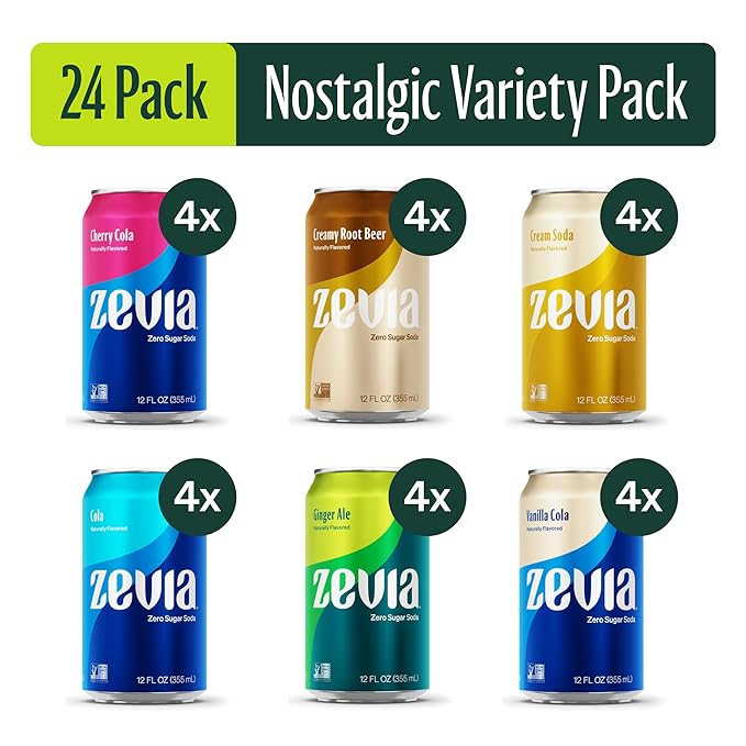 Zevia Zero Sugar Soda, Nostalgic Variety Pack, 12 oz Cans (24-Pack) ??Naturally Sweetened, Non-GMO Project Verified, Gluten-Free, Vegan