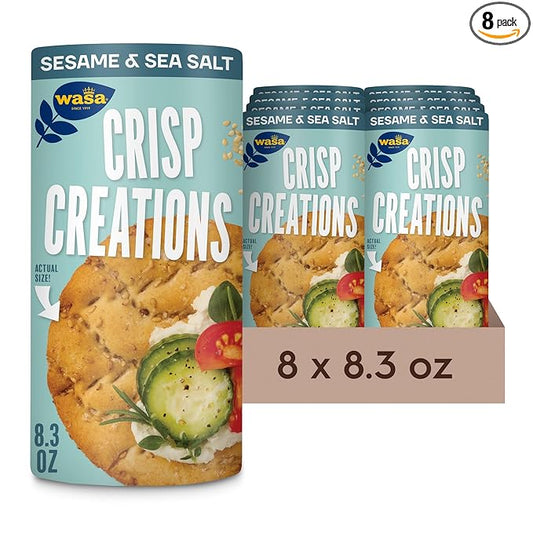 Wasa Sesame and Sea Salt Crisp Creations, 8.3 oz. (Pack of 8), Large Round Toppable Crackers Made With Real Sea Salt for Snacking and More, Wholesome Oven Baked Crackers With a Hearty Crunch