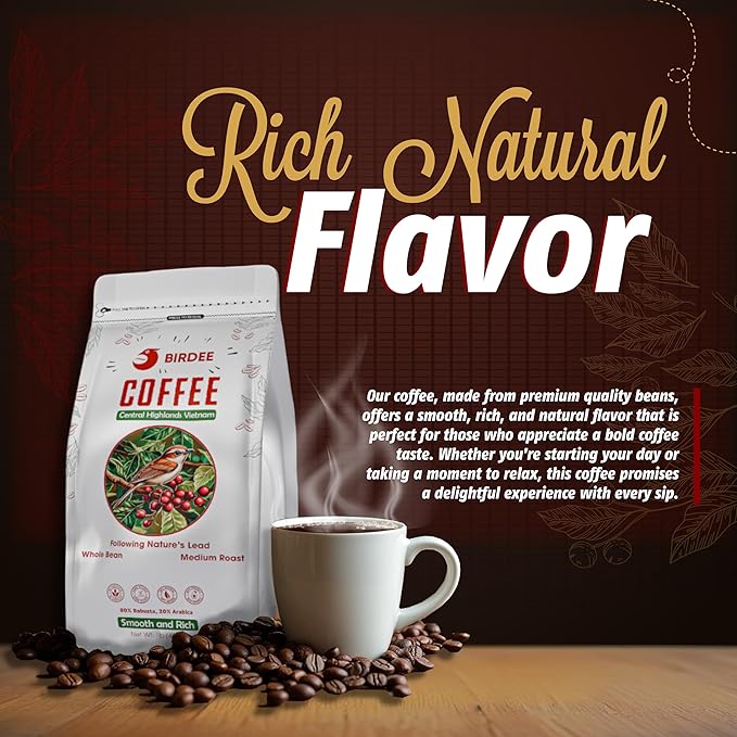 Birdee Vietnamese Coffee ??1 LB, Medium Roast Whole Bean, Arabica and Robusta, Hand-Picked, Resealable Bag, Smooth Flavor, Low Acid, High Caffeine, Single-Origin