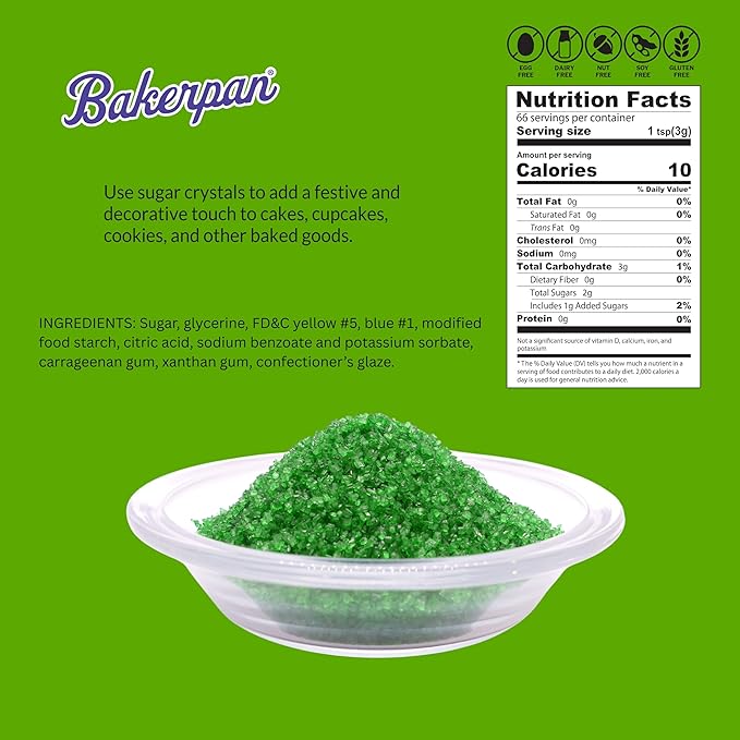 Bakerpan Sugar Sprinkles for Baking - 7 Ounce leaf Green Decorating Sugar Crystals for Cookies, Cake Pops, Ice Cream (Made in USA)
