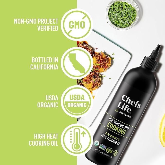 Chefs Life Organic Avocado Oil - Organic Avocado Oil For Cooking, Avocado Oil Organic for Dressing, Dipping, Drizzle, 100% Pure, Single Origin, Non GMO - 16.9 Fl Oz Squeezable Bottle (3 Pack)
