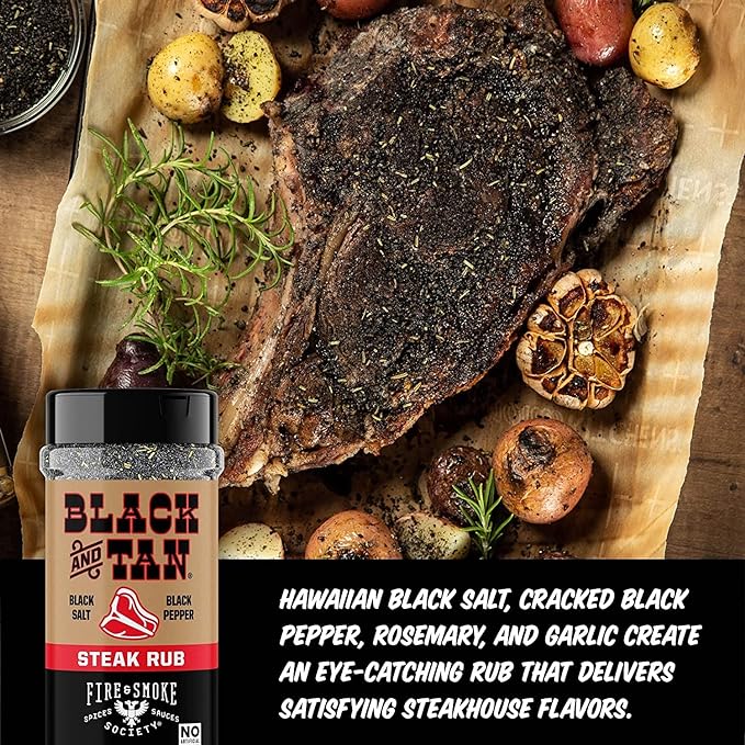 Fire & Smoke Society Black & Tan Steak Seasoning | BBQ Rubs, Steak Rub for Smoking and Grilling Meat | Steaks, Brisket, Burgers Dry BBQ Rubs and Spices | XL 13.6 oz (2-Pack)