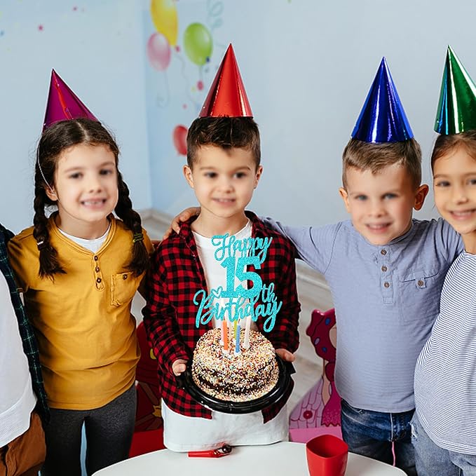 1 PCS Happy 15th Birthday Cake Topper Glitter Cheers to 15 Years Birthday Cake Pick Sweet 15 Fabulous Cake Decoration for Happy 15th Birthday Anniversary Theme Party Decorations Supplies Blue