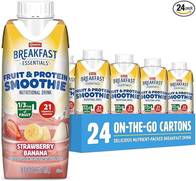 Carnation Breakfast Essentials Fruit and Protein Smoothie Nutritional Drink, Strawberry Banana, 24 – 8 fl oz Cartons