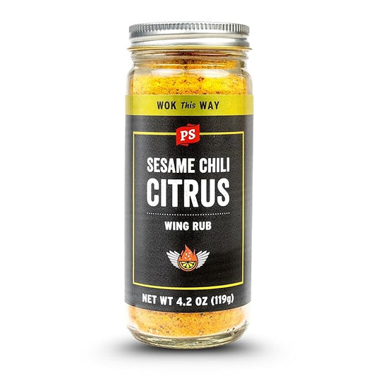 PS Seasoning Sesame Chili Citrus Wing Rub - Zesty Korean Seasoning Dust with Sesame, Gochugaru Chili, Citrus - Chicken Wing Dry Rub & Topping for Poultry, Turkey, Pork, Veggies, Popcorn & Dips, 4.2oz