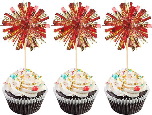 Rsstarxi 30 Pack Foil Firework Cupcake Toppers Sparkle Tinsel Drink Cake Decorations Cocktail Picks for New Years Valentine's Day Birthday Wedding Graduation Party Decorations Gold Red