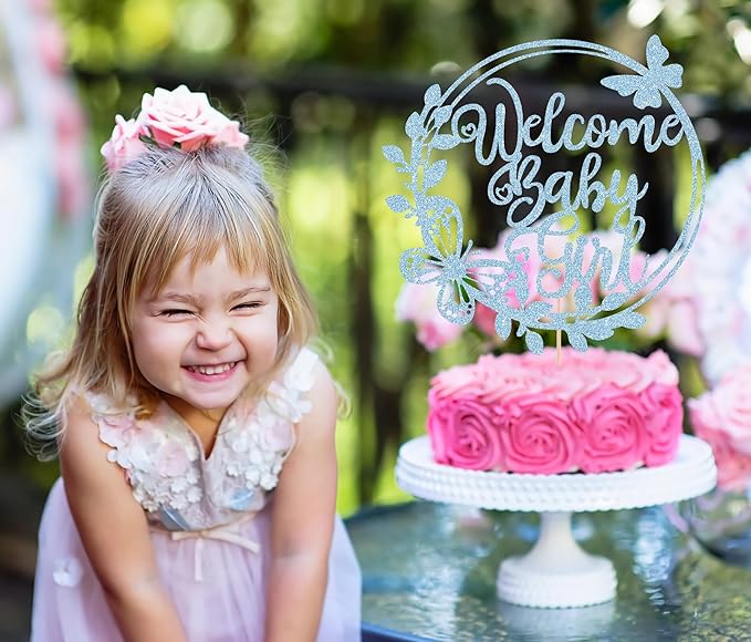 Welcome Baby Girl Cake Topper - Light Blue Glitter Baby Shower Cake Decorations, Baby Girl Cake Decor, for Baby Shower/Birthday Party/Gender Reveal Party Photo Booth Props