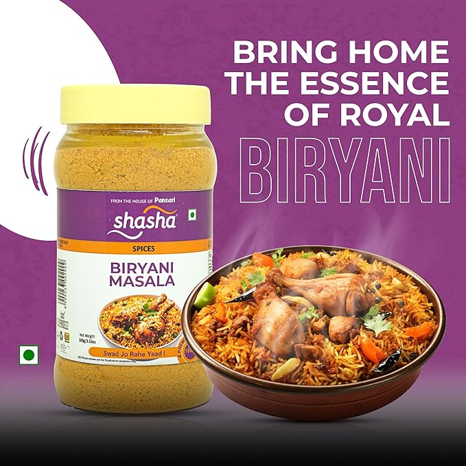 SHASHA Biryani Masala Seasoning Mix – 3.52 oz (Pack of 3) – Perfect for Chicken, Meat & Vegetable Biryani – Indian Cooking, Curry, Garam Masala – No Artificial Ingredients – Authentic Spice Jar for Flavorful Layered Rice