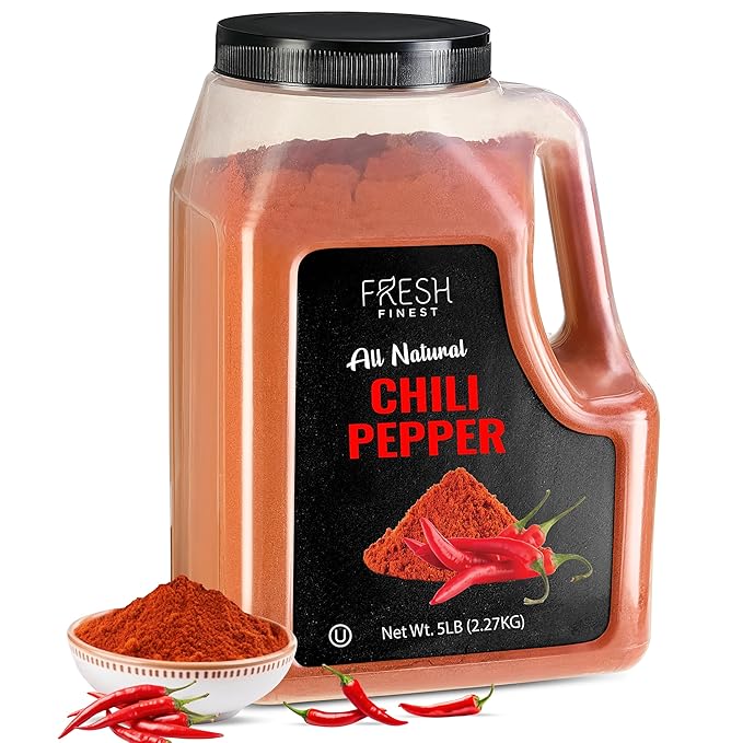 Fresh Finest Bulk Spices Commercial and Home Cooking 5 LB Chili Powder - Red Pepper Seasoning, Freshly Packed at the Source Non-GMO, Ground Red Chili Best for Stews, Meat Rubs, Salsa, and More - 5 LB