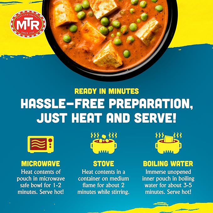 MTR - Minute Meals: Mutter Paneer - Spiced Green Peas & Cottage Cheese in Gravy - Tasty Indian Meal with No Added Preservatives - A Quick Meal Suitable for Vegetarians, Ready in Minutes! (Pack of 6)