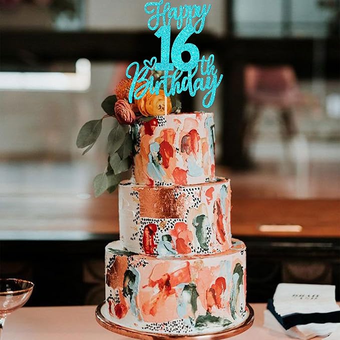 1 PCS Happy 16th Birthday Cake Topper Glitter Cheers to 16 Years Birthday Cake Pick Sixteen Sweet 16 Cake Decoration for Happy 16th Birthday Anniversary Theme Party Decorations Supplies Blue