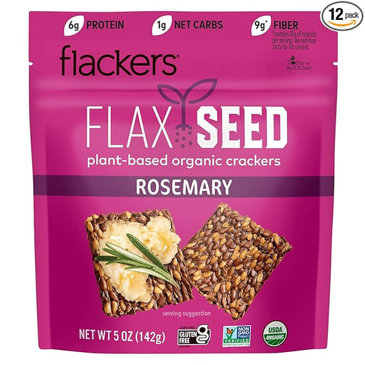 Flackers Organic Rosemary Flaxseed Crackers, 5 Ounce 12-Pack, Gluten Free, Non GMO, Vegan, Keto Snack, 9 Grams Fiber, 1 Net Carb