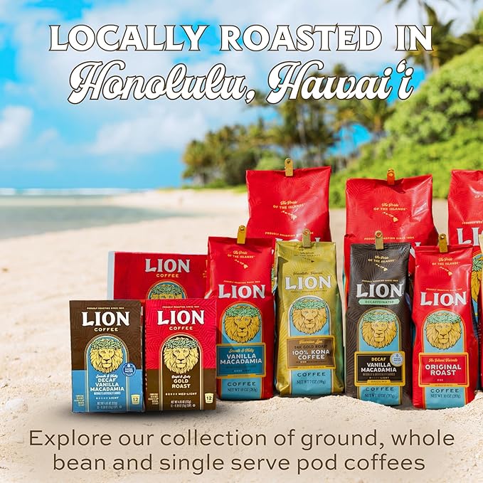 Lion Coffee Swiss Water DECAF Vanilla Macadamia Medium Roast Coffee Pods - Single-Serve Pods - Hawaiian Inspired Flavor - Arabica Coffee - Compatible with Single - Serve Brewing Systems - 12 Count Box