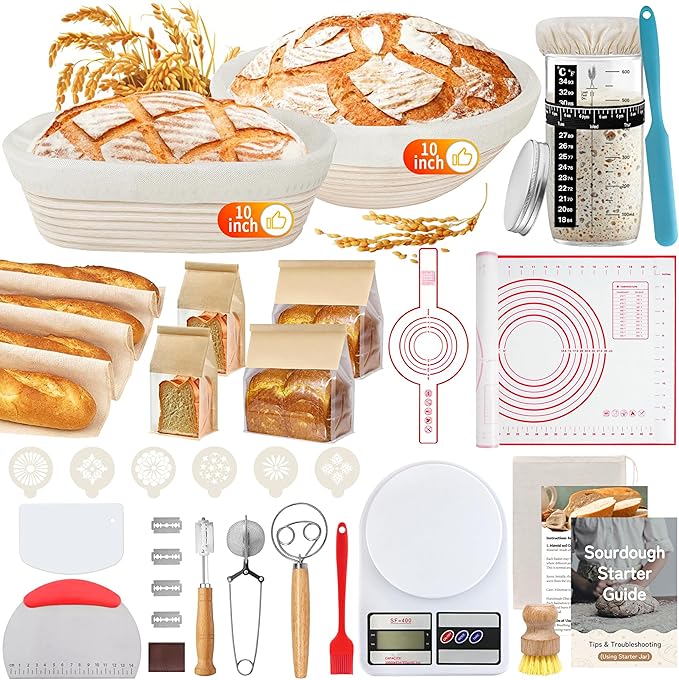 Banneton Proofing Basket Set,10 Inch Round & Oval Natural Rattan Sourdough Bread Proofing Basket Reusable Bread Baking Supplies with Sourdough Starter Jar, Perfect for Artisan Loaf Shaping