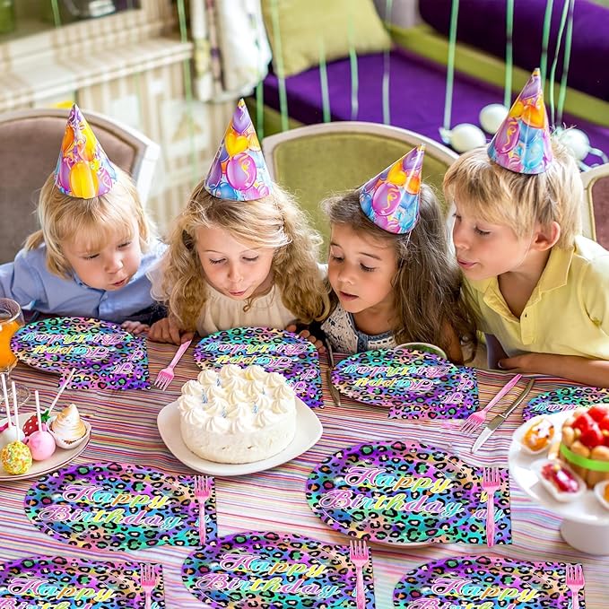 96Pcs Neon Rainbow Leopard Birthday Party Plates and Napkins Cheetah Print Birthday Themed Party Decorations Cheetah Leopard Girl's Sparkly Splatter Tableware Set for 24 Guests Baby Shower Supplies