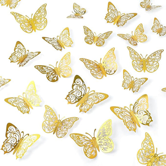 Crosize 72 Pcs Gold Butterfly Decorations, 3 Sizes 3 Styles, 3D Butterfly Wall Decor, Party Decorations, Birthday Decorations, Butterflies for Crafts, Cake Decorating, Wall Room Decor