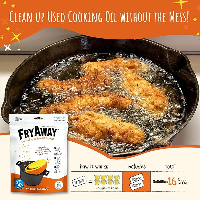 FryAway Cooking Oil Solidifier, Vegetable/Canola Oil Hardener for Easy Disposal, Natural Oils Solidifies, Grease Solidifying Powder, Waste Solution As Seen on Shark Tank, Deep Fry, Up to 1 Gallon