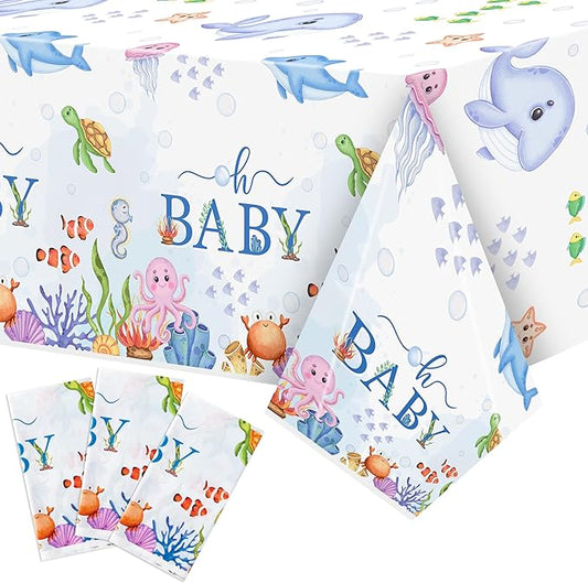 Ocean Party Tablecloths - 3Pcs Watercolor Ocean Animal Birthday Table Covers, Under the Sea Themed Party Decorations Plastic Disposable Rectangular Table Cloth Decor for Kids Birthday Baby Shower