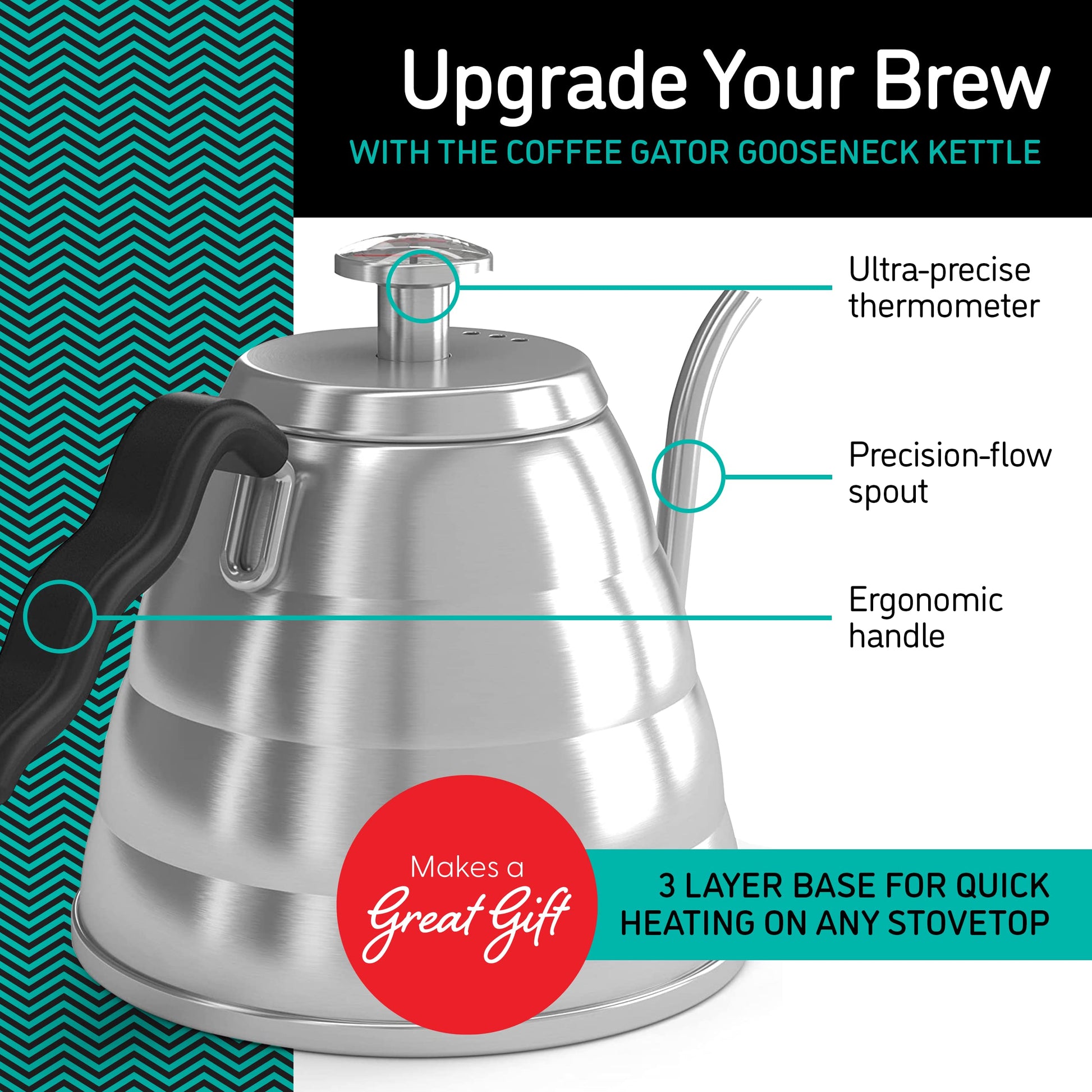 Coffee Gator Gooseneck Kettle with Thermometer - 40oz Premium Stainless Steel Pour Over Coffee