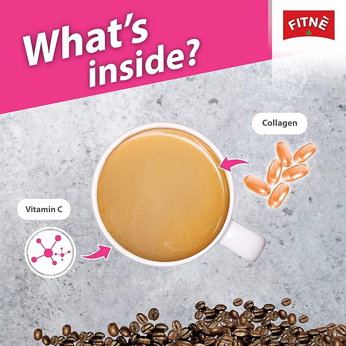 FITNE Instant 3 In 1 Coffee Packets Mix With Natural Hydrolyzed Collagen Vitamin C Smooth Blend Tasty Aromatic No Sugar Sucralose Sweetener, 10 Sticks