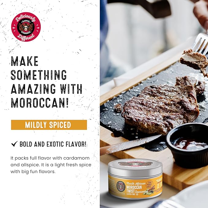 Sauce Goddess - Moroccan Twist Fresh Spice Blend - Vegan, Gluten-Free, No Sugar, Low Sodium Seasoning for Lamb, Chicken, Salmon - 1.75oz (2 Tin Cans)